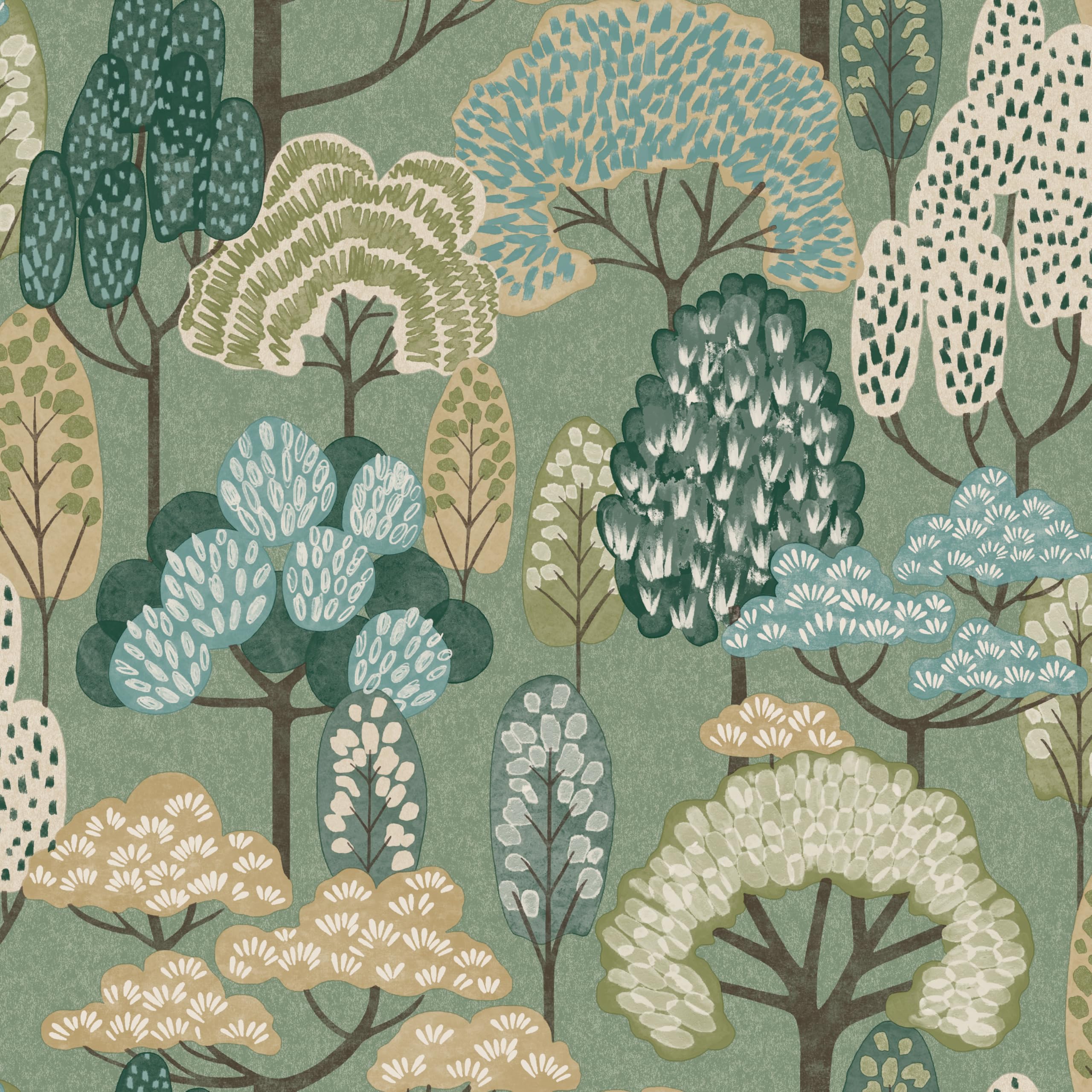Grandeco Green Happy Trees Brushstroke Nursery Textured Wallpaper, Sage