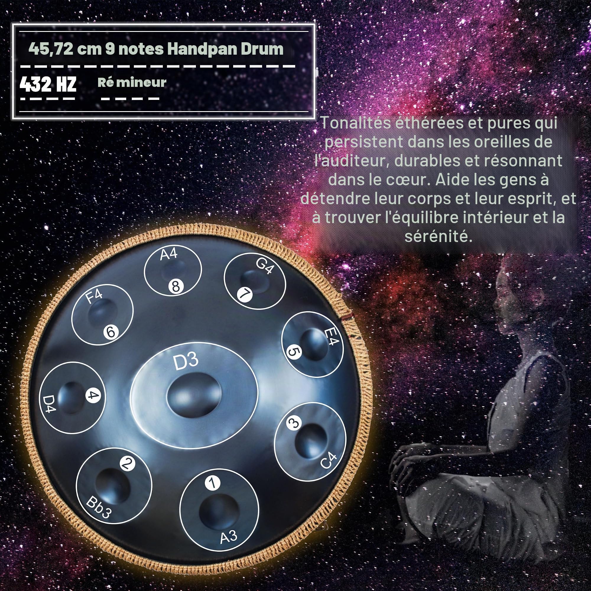 Handpan de 45,7 cm pour adultes, instrument Hand pan en Ré mineur Kurd de qualité supérieure avec 9 notes accordées avec précision, Handpan 432 Hz pour débutants