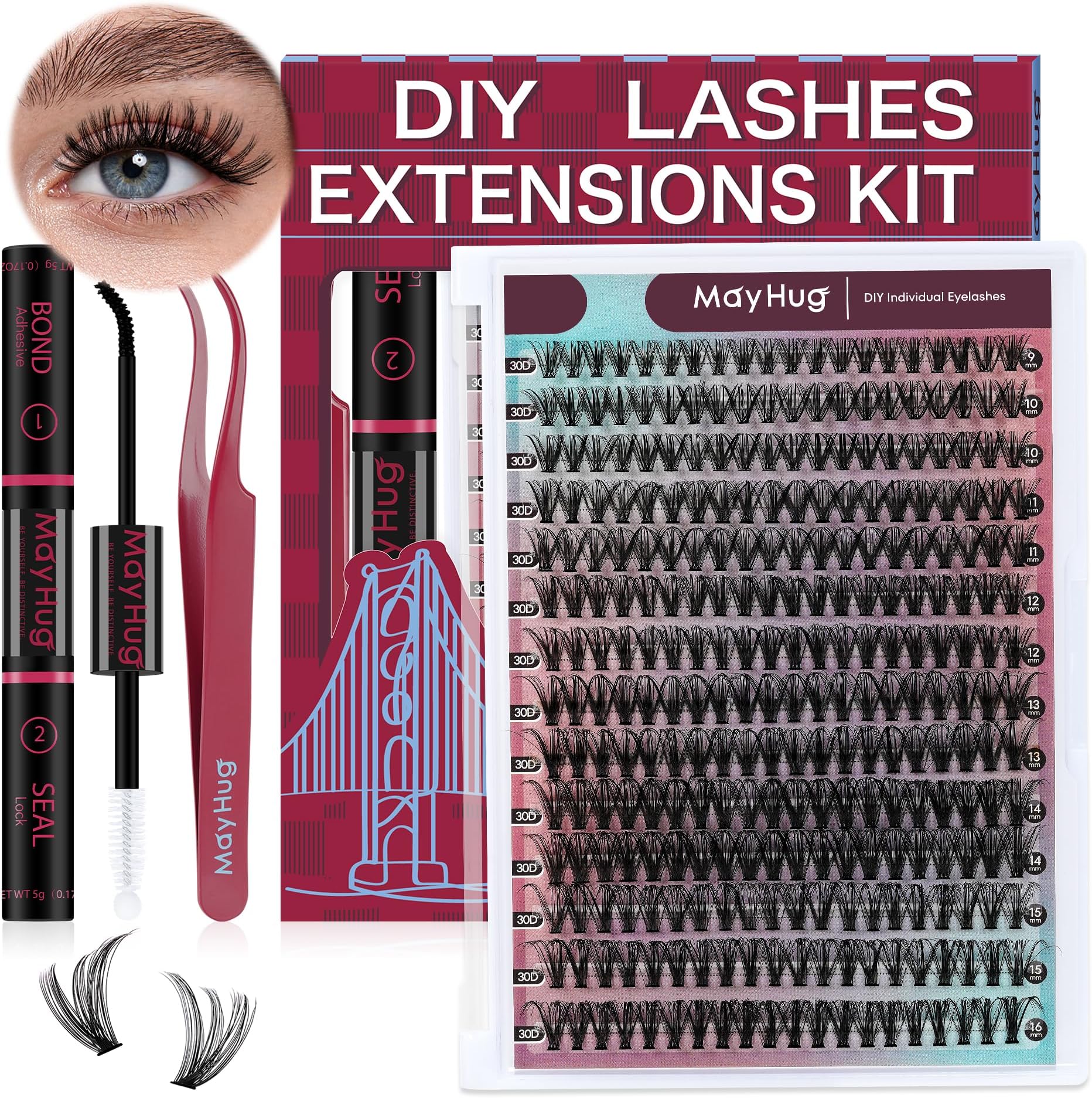 Mayhug Lash Extension Set: 30D 9-16mm Cluster Lashes, 280 Pieces, D Curl, Natural DIY Kit for Beginners (30D-9-16 Mix)