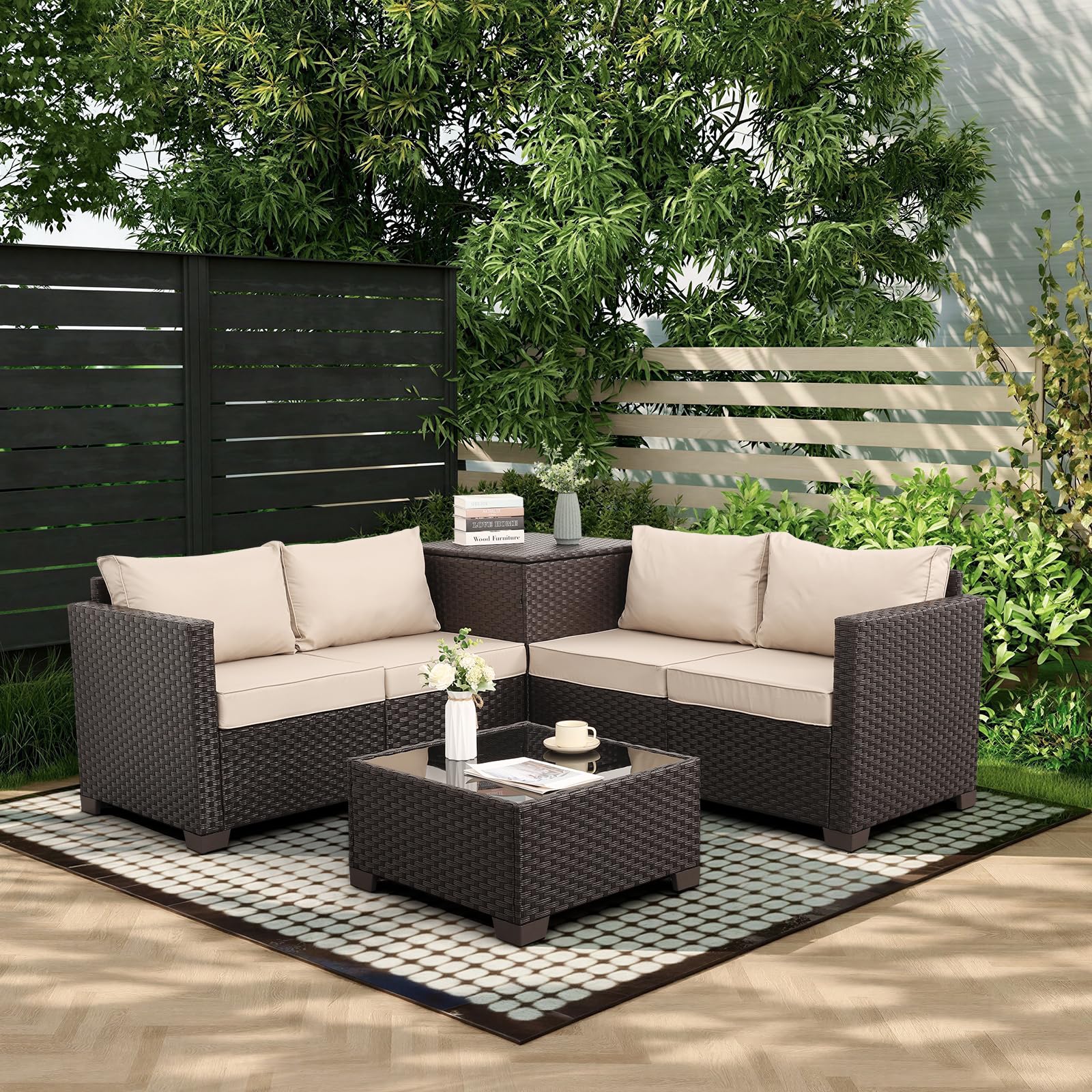 WAROOM 4 Piece Patio Furniture Set, Brown Rattan Outdoor Couch, Khaki Cushion