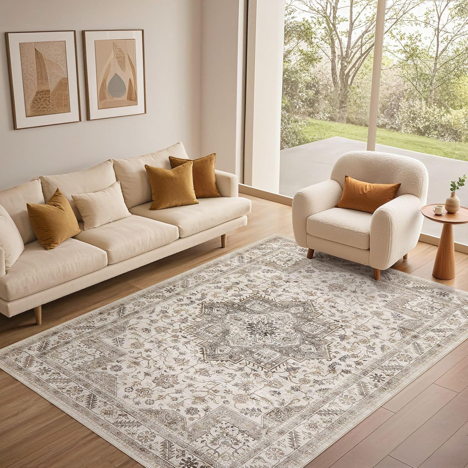 Area Rug for Living Room: 5x7 Soft Washable Rugs Vintage Non-Slip Silicone Backing Stain Resistant Carpet for Bedroom Dining Room or Home Office Decor - Light Brown
