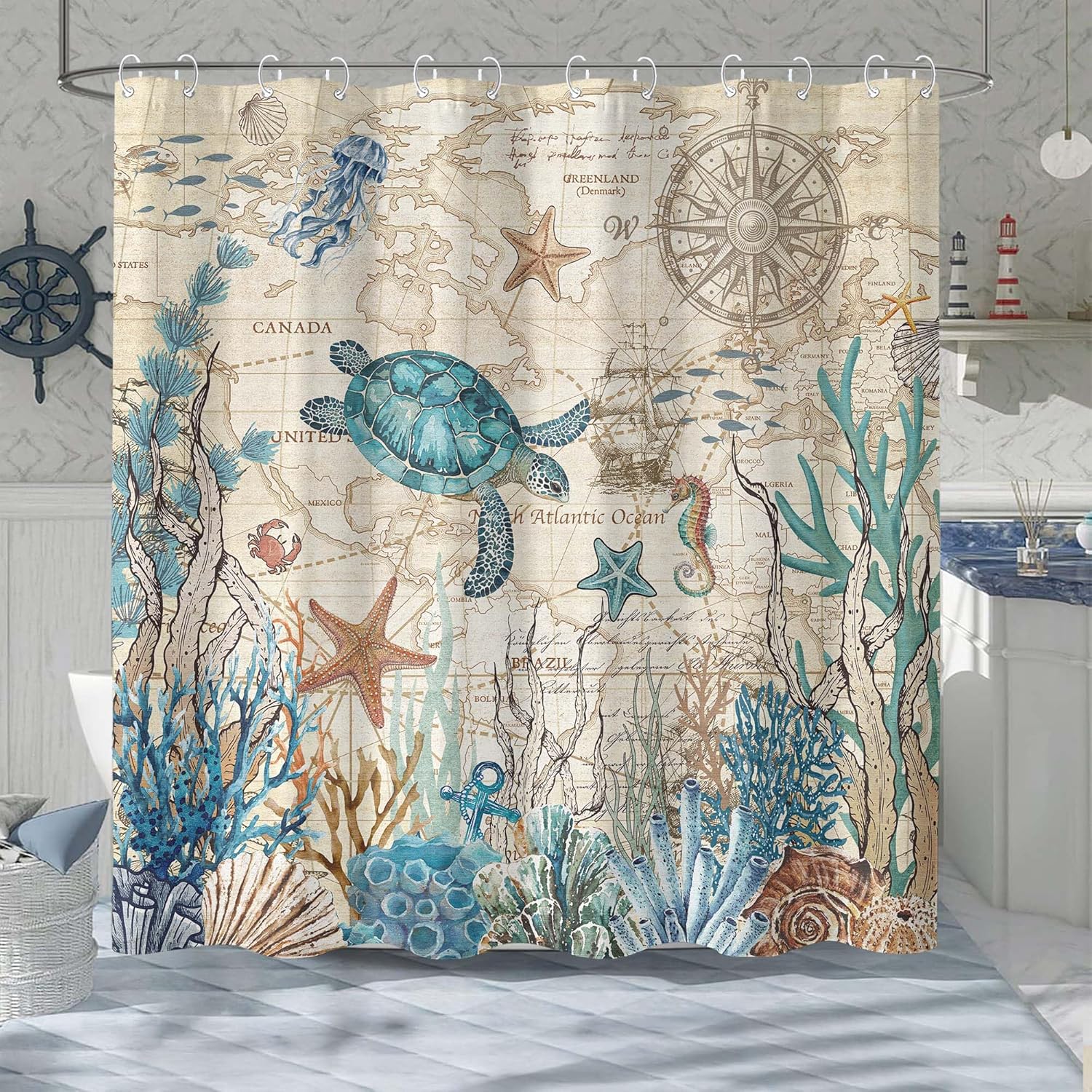 Nautical Coastal Turtle Shower Curtain, Vintage Coral Starfish Seashell Ocean Themed Underwater Seahorse Retro Bathroom Decor, 72x72 inch