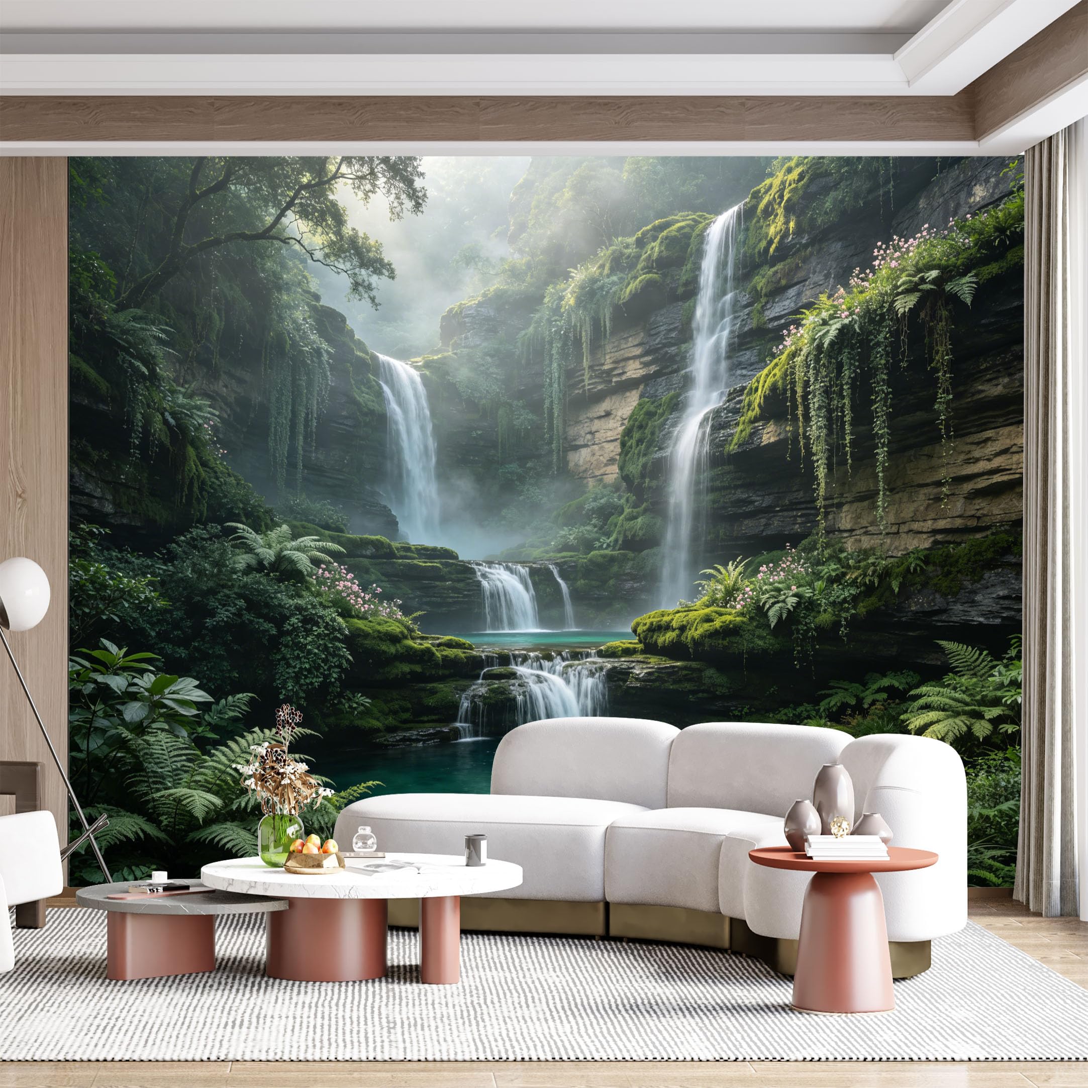 Custom Size Wall Mural Lush Waterfall Tropical Jungle Landscape Watercolor Effect SelfAdhesive Wall Fabric Removable for Home Office Decor