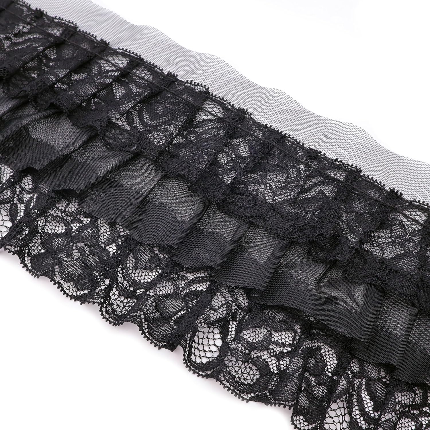 Black Gorgeous Ruffle Soft Lace Trim 3-Layer Pleated Edge Lace Trim for Cuffs Skirt Halloween Garments 4.4" Wide