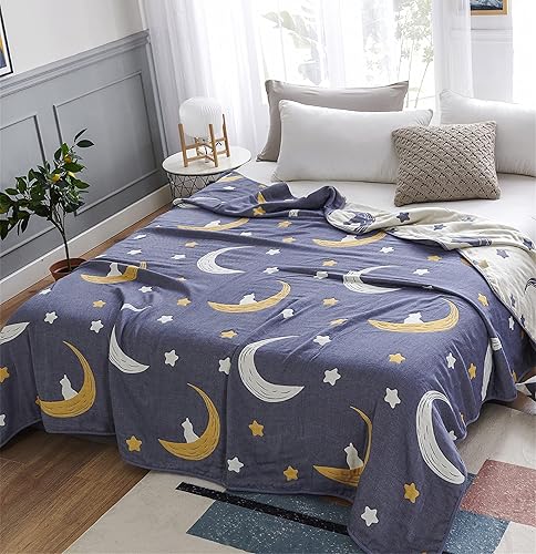 Vista 3 de J-pinno Manta reversible de muselina de estrellas y luna brillante, 100% algodón, 6 capas, manta suave y cálida, para sofá y niños pequeños, sábana