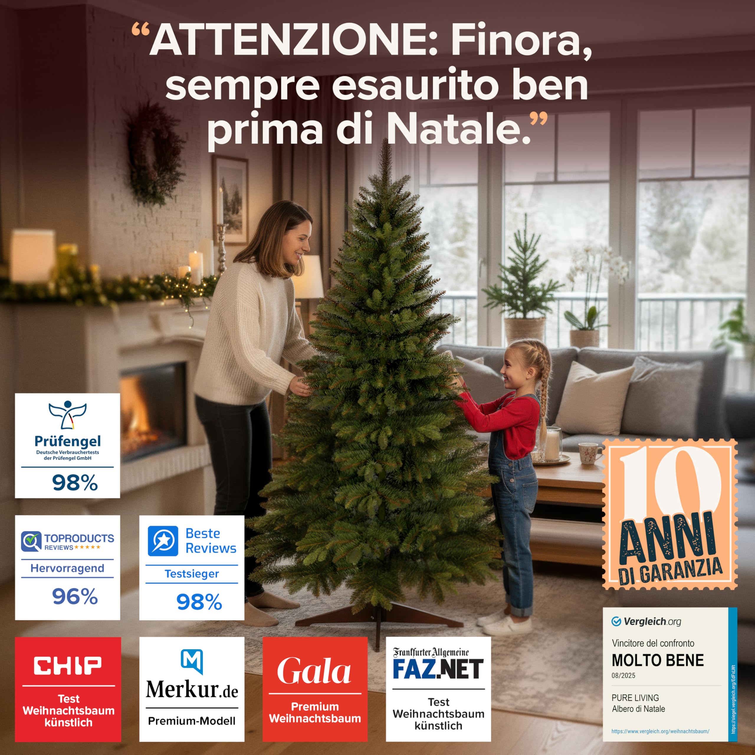 Albero di Natale Artificiale Premium 180cm – Realistico, Rami Fitti, con Base in Legno e Borsa per Riporre – Albero di Natale di Pure Living
