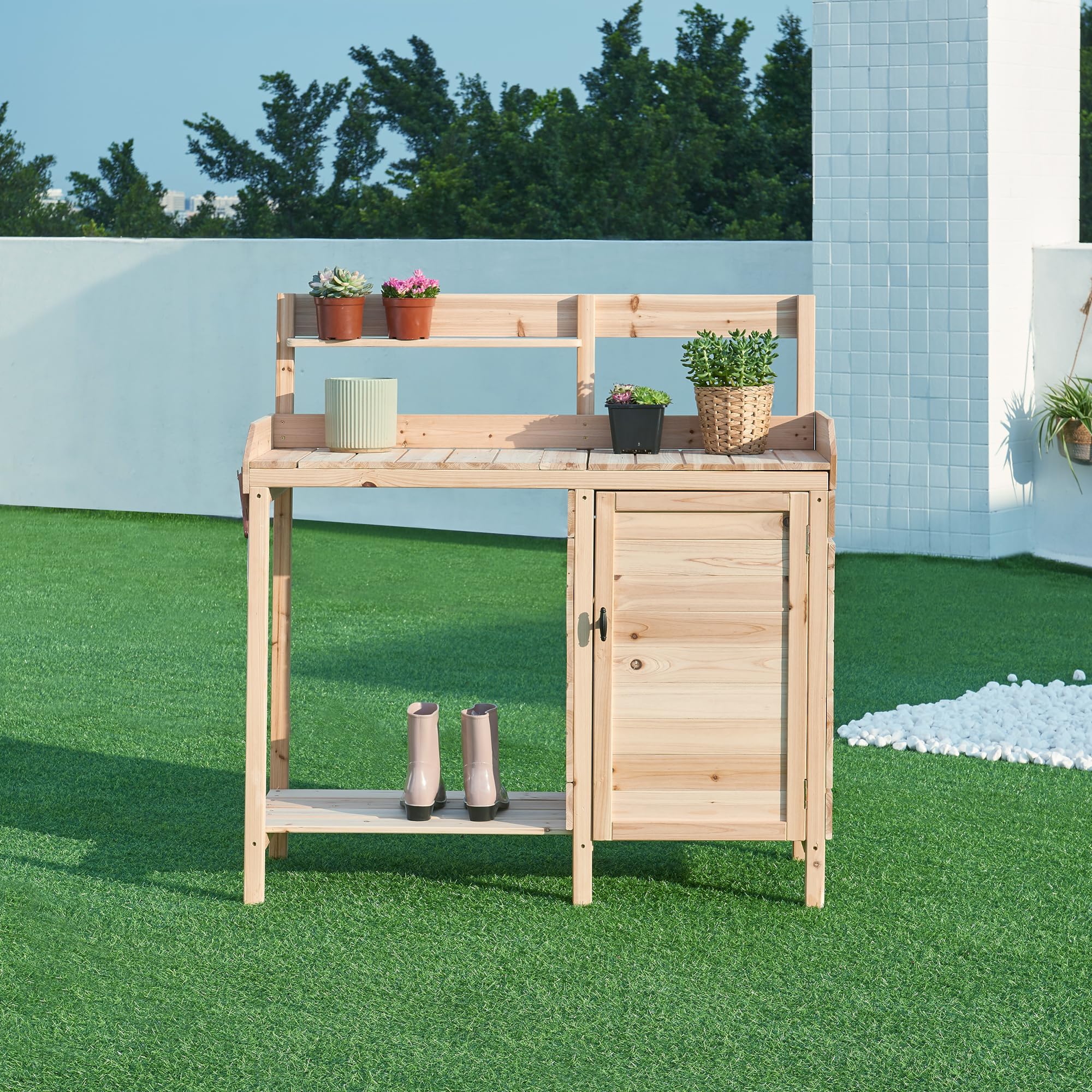 casa.pro Pflanztisch Alessano Gärtnertisch mit Unterschrank Gartenregal Gartenarbeitstisch Tannenholz Outdoor Blumentisch Arbeitsplatte 110 x 107 x 46 cm Holztisch