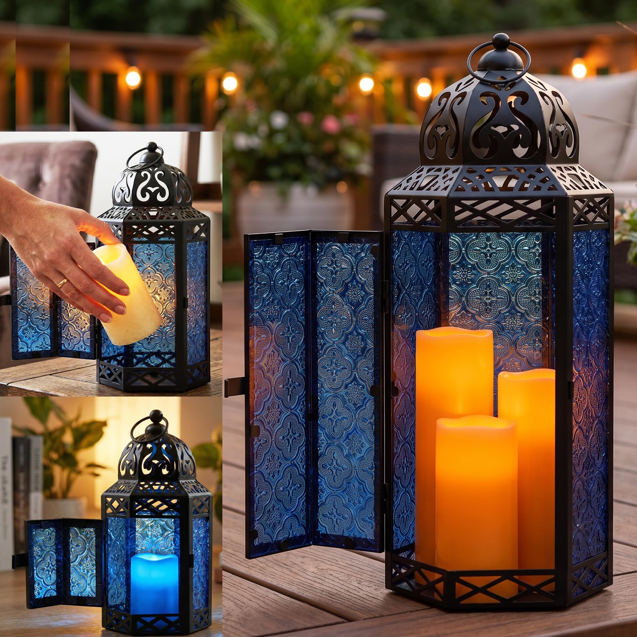 Vela Lanterns Juego de 3 faroles portavelas marroquíes Decorativos para Suelo, decoración de Ramadán, decoración Interior del hogar, Patio al Aire Libre o Porche, Bodas, Cobalto
