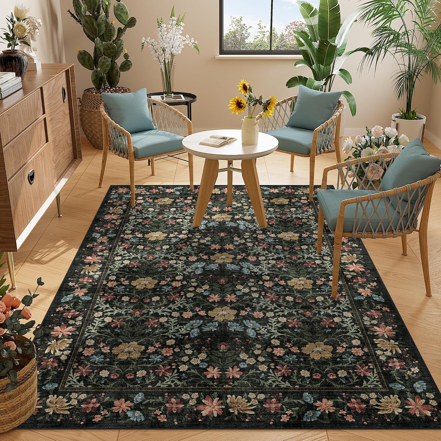 DUKINO 4x6 Rugs for Living Room, Lightweight Non Slip Washable Rug with Low Pile Design, Vintage Floral Non-Shedding Soft Carpet for Living Room, Bedroom, Farmhouse, Office, Bathroom, Black