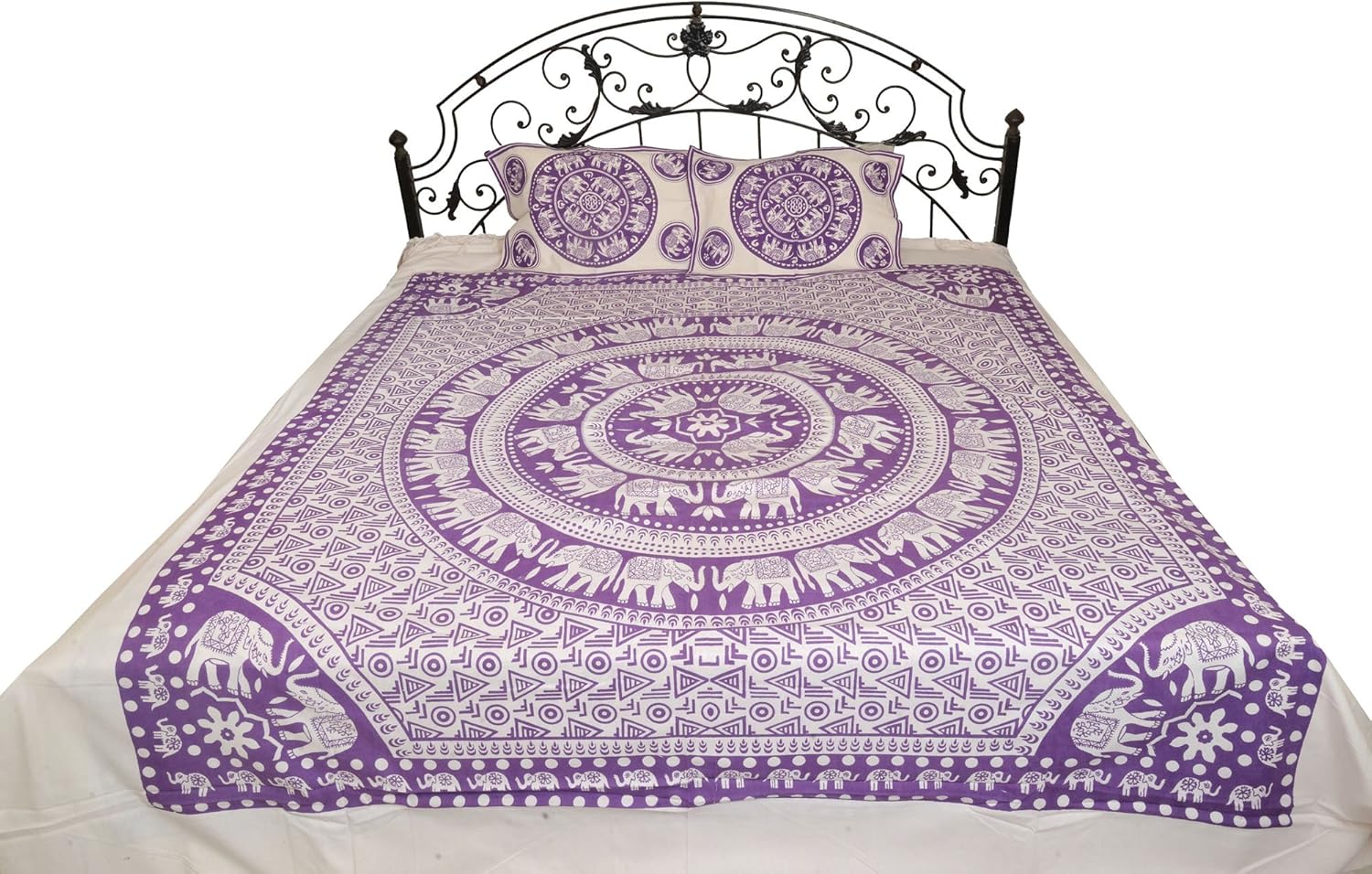 White Bedsheet from Pilkhuwa with Printed Chakravhuh of Elephants - Pure Cotton with Pillow Covers - Color Saffron Color