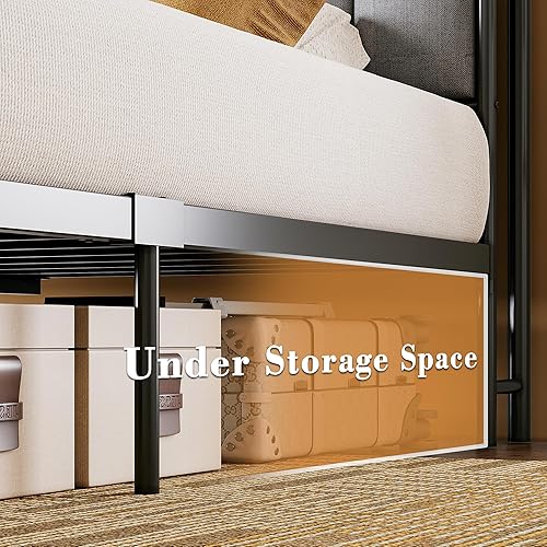 Miniatura 6 de LIKIMIO Base de cama con dosel, cabecero de almacenamiento con estación de carga, cama de plataforma con 4 postes resistentes extraíbles, sin ruido,