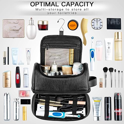 Miniatura 4 de Elviros Neceser de viaje para hombres y mujeres, kit de Dopp colgante para bolsa de afeitar y accesorio cosmético, Negro -, Retro PU