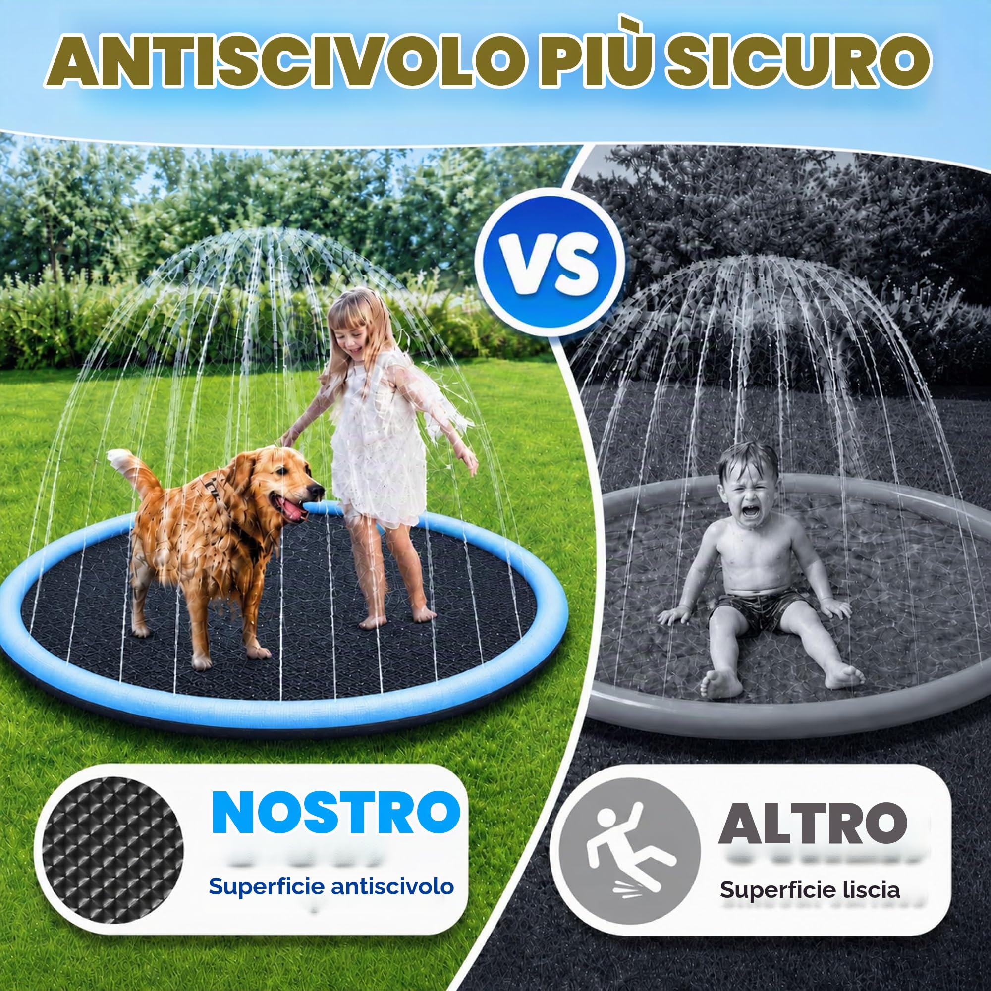 Piscina per Cani 170cm Antiscivolo con Spruzzi Regolabili | Tappeto Acqua Gioco Bambini e Cani, Splash Pad da Giardino Resistente per Cortile e Outdoor Estivo, Facile da Pulire