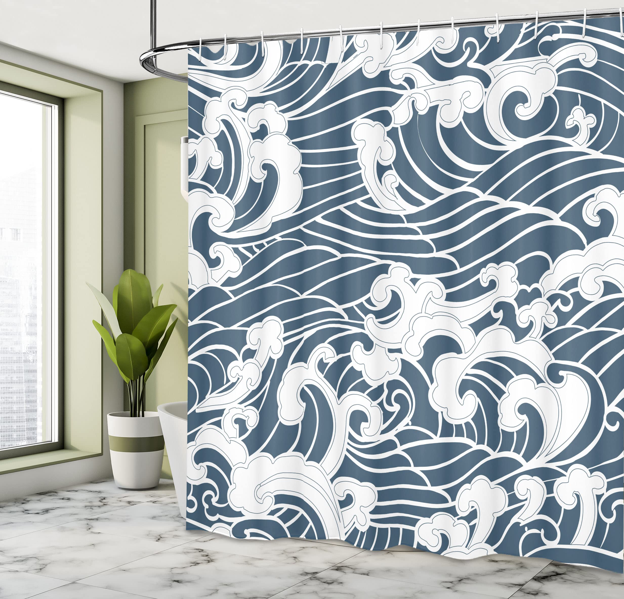ABAKUHAUS Japanese Wave Shower Curtain, Hand Drawn Traditional Style Aquatic Doodle River Storm Retro Abstract - Image 4
