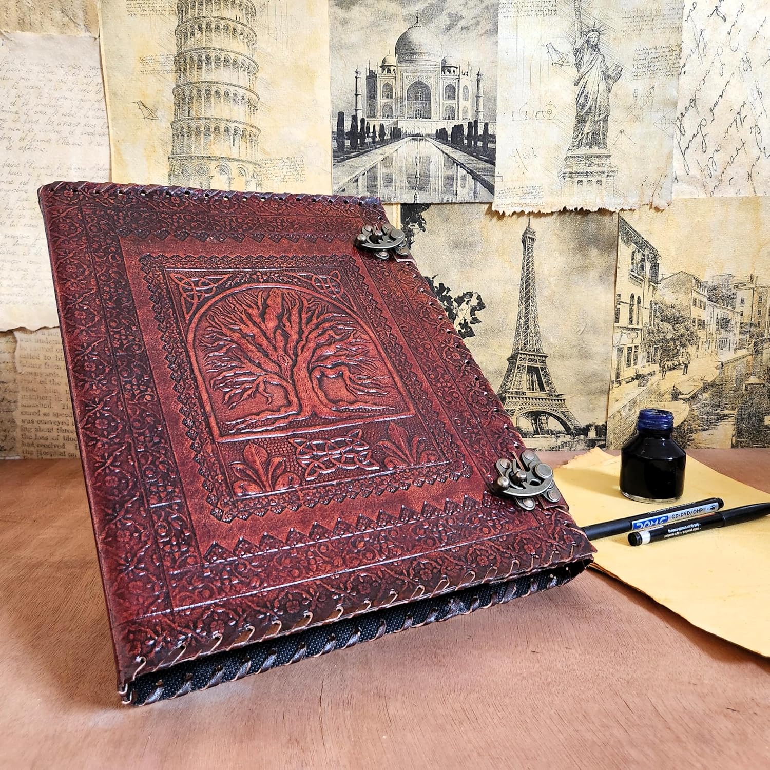 13*10 inch Handmade Leather Journal 2 Ring Binder Leather Notebook Sketchbook which has 2 rings to hold your Pages (2 Ring Binder), Brown, 4789245