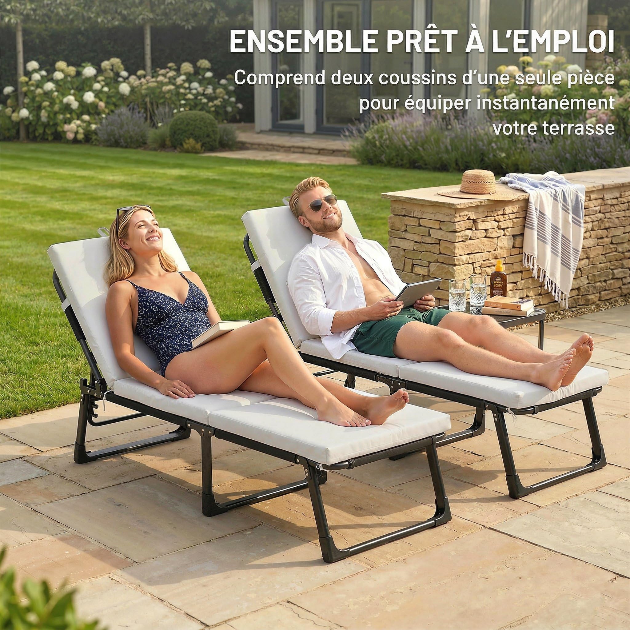 Outsunny Lot de 2 Coussins de Chaise Longue avec 5 Sangles et Poignée Intégrée, Coussin Bain de Soleil Déperlant Extérieur pour Plage Balcon Jardin, 182x53x6cm, Gris Clair