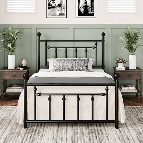 Allewie Marco de Cama de Plataforma de Metal Tamaño Twin de 14 Pulgadas con Cabecero y Piecero Vintage VictorianoBase de ColchónAlmacenamiento