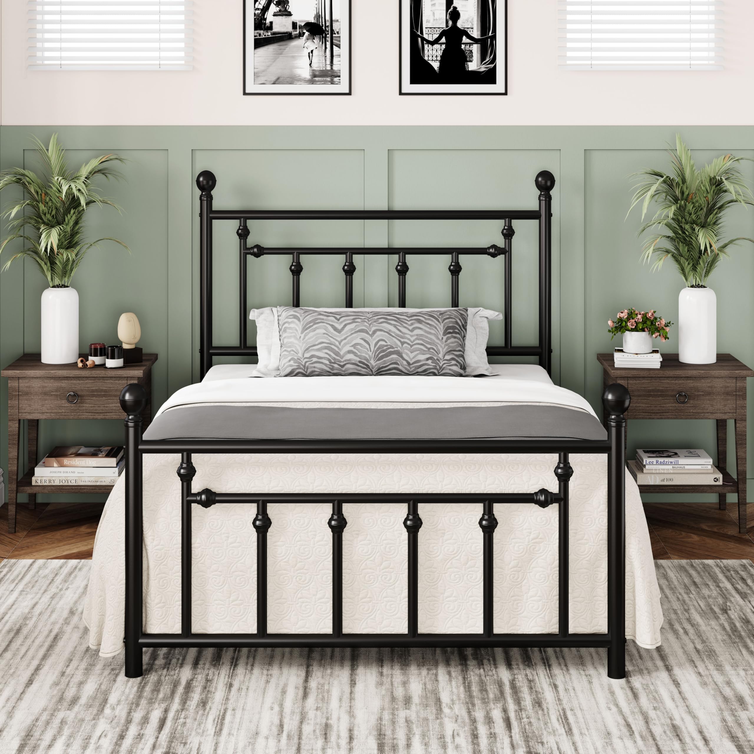 Allewie 14 Inch Twin Size Metal Platform Bed Frame with Victorian Vintage Headboard and Footboard/Mattress Foundation/Under Bed Storage/No Box Spring Needed/Easy Assembly/Noise Free/Black