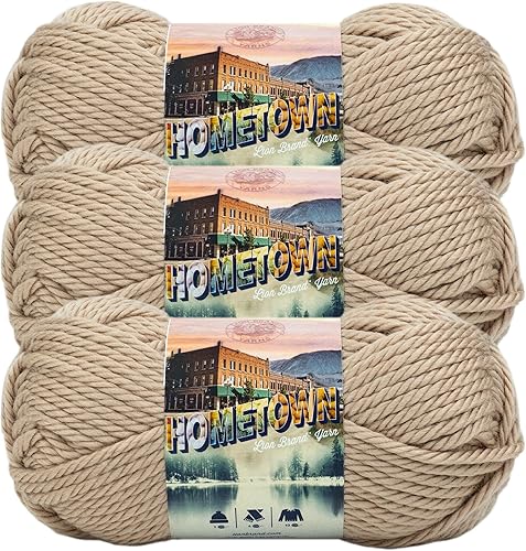 Lion Brand Yarn Hometown Ovillo de lana voluminoso, color marrón claro suave (Highland Park Beige), paquete de 3 unidades