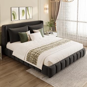 Harper & Bright Designs Queen Size Upholstered Platform Bed with Stitching Details & 2 Pillows, No Box Spring Needed, Easy Assembly Modern Bed Frame for Bedroom, Black