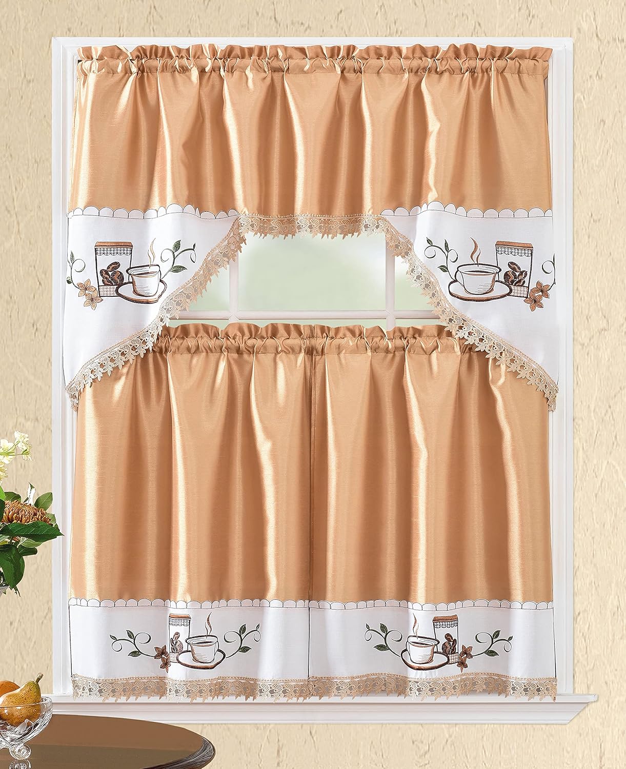 All American Collection Modern Contemporary 3pc Embroidered Home Kitchen Window Treatment Curtain Set (Swag Valance, Avocados)