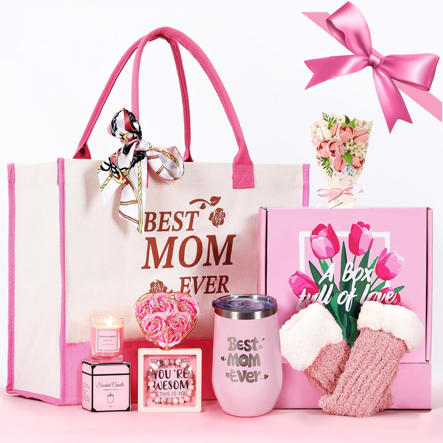 Mabel Swgglo Mothers Day Gift Set for Mom,Best Present with Premium Box,Tote Bag,Insulated Tumbler,Scented Candle,Decorative Soap Rose,Fuzzy Socks,Stone Bracelet,Greeting Card