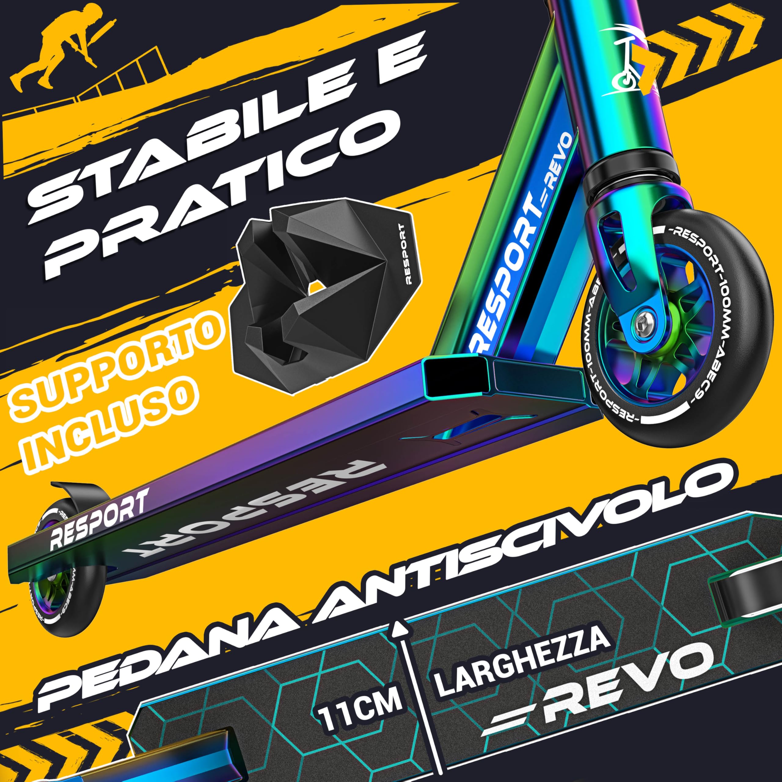 RE:SPORT Stunt Scooter REVO per bambini e adulti con supporto, 100 mm, ruote in poliuretano e Y-Bar, per acrobazia, scooter ABEC 9, cuscinetti a sfera