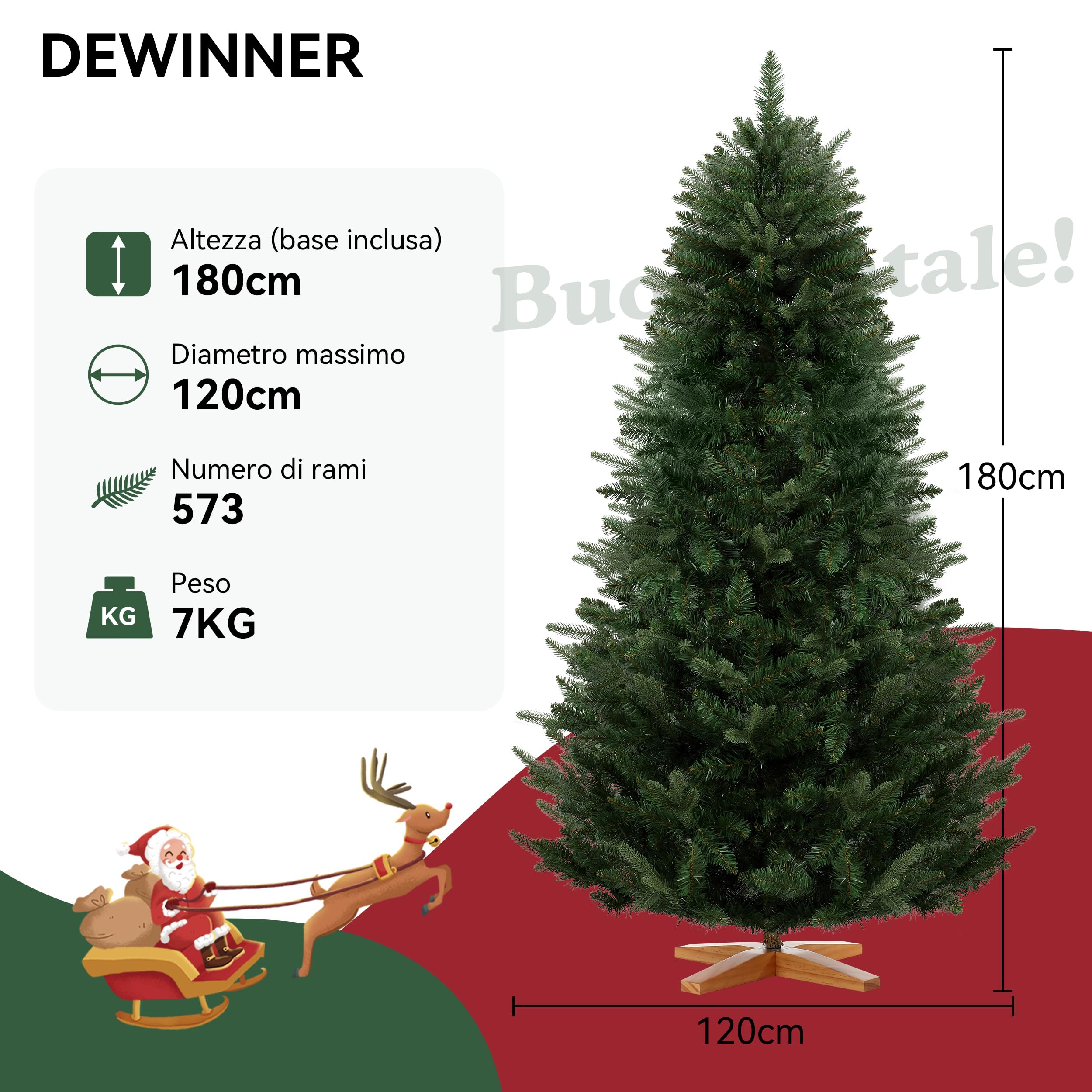 Albero di Natale Artificiale DEWINNER 180 cm, Certificato FSC, Rami in PE/PVC Regolabili, Supporto in Legno Stabilizzato, Extra Denso e Realistico, Facile da Montare, Albero di Natale