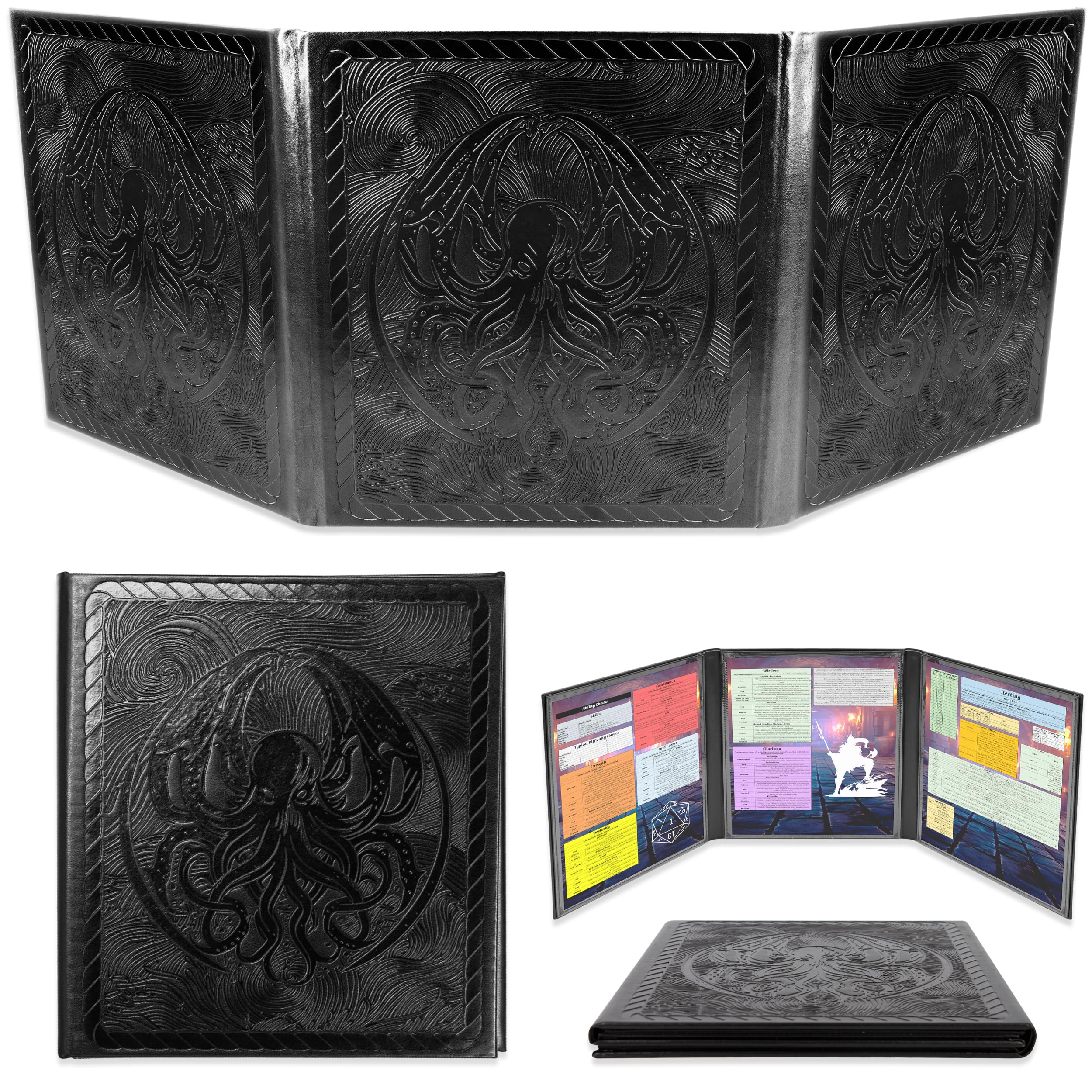 CASEMATIX Écran DM compact – Écran Dungeon Master à 3 panneaux avec poches transparentes, écran GM en cuir PU, compatible avec effacement humide, format de voyage pour campagnes RPG portables