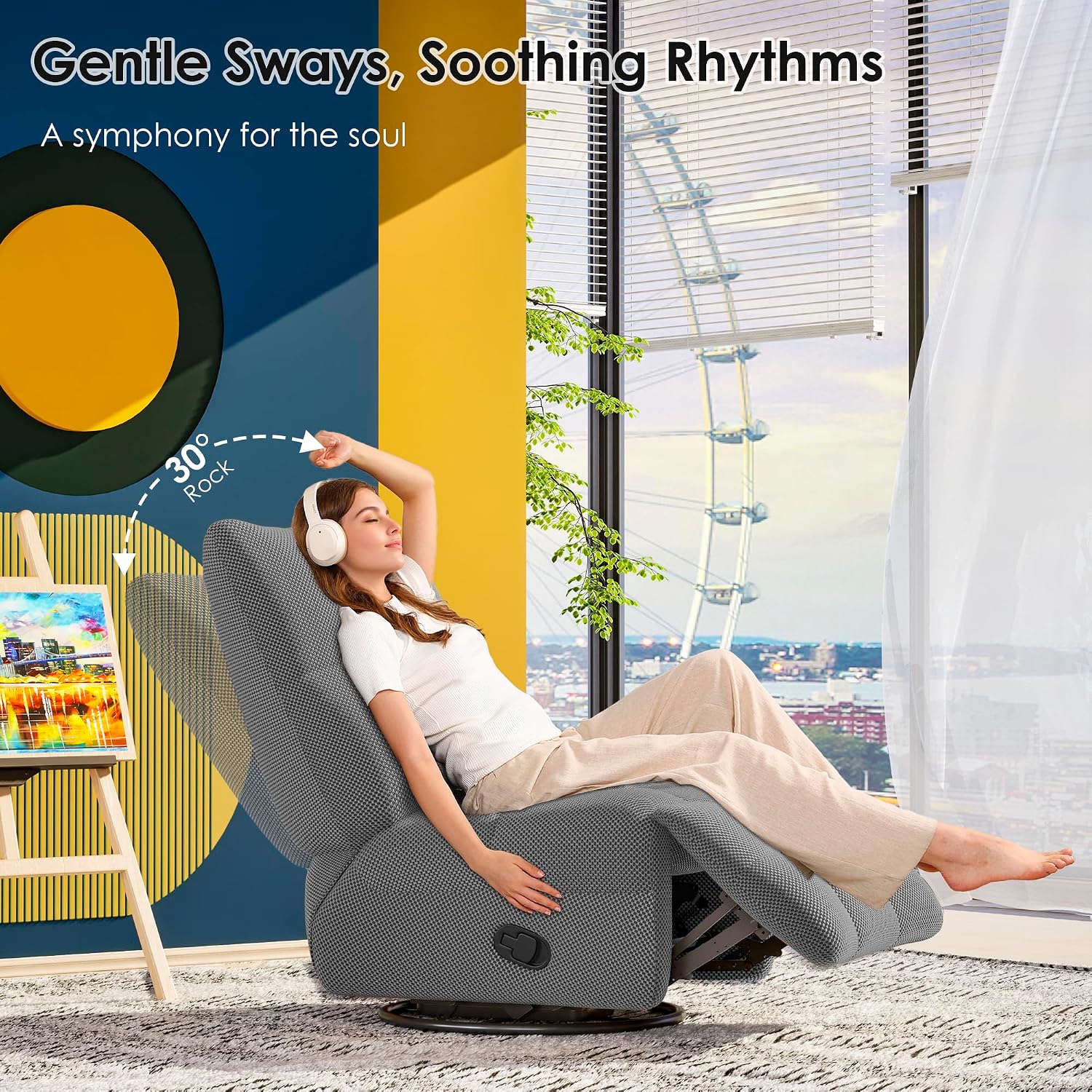 Artistic Freedom Recliner Chair 3-in-1 Reclining Swivel Rocker Chair Armless Caterpillar Design Breathable 3D Mesh, Statement Piece for Creative Spaces,Living Room, Bedroom,Nusery (Grey)