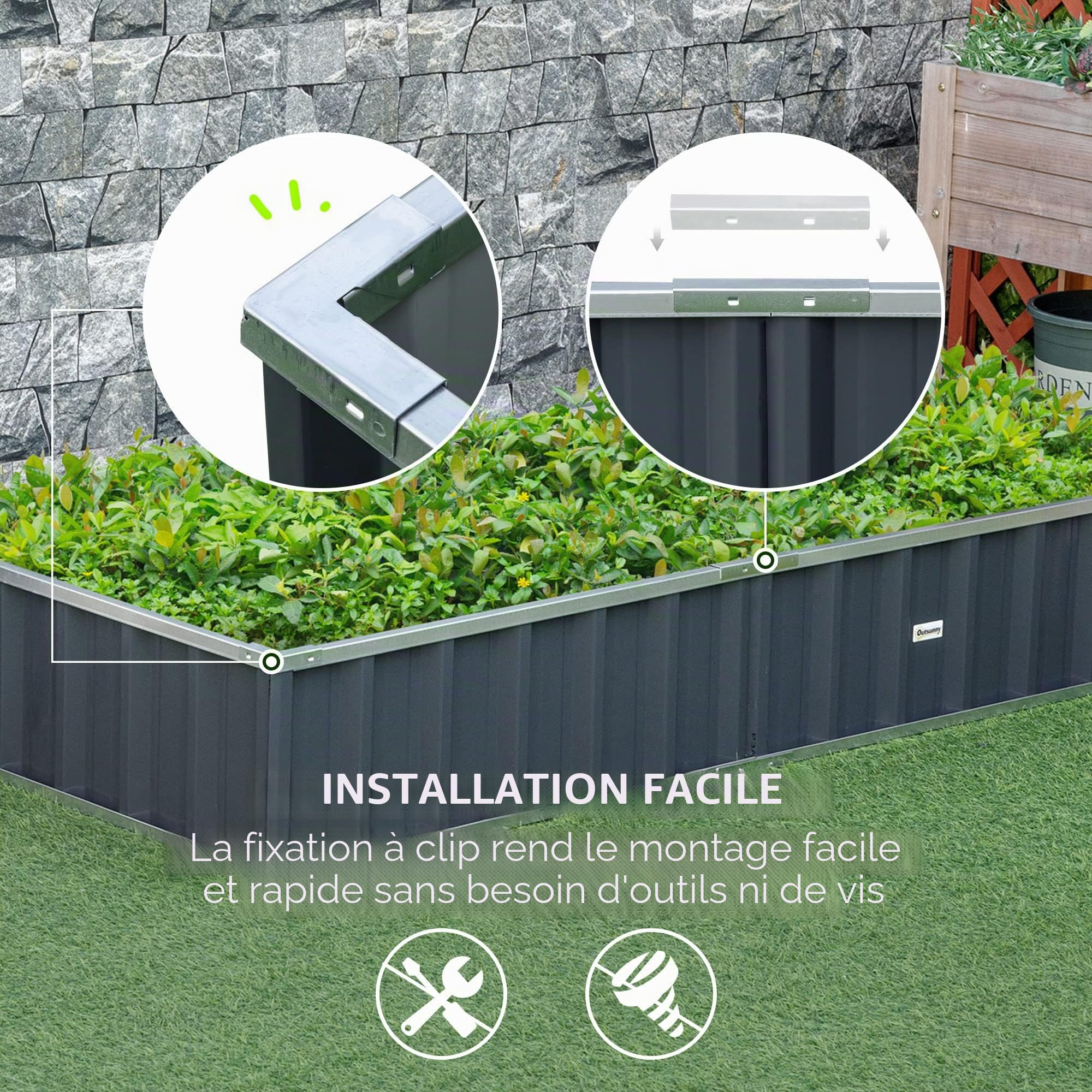 Outsunny Carré Potager de Jardin Modulable 174 x 90 x 30 cm Anthracite | Montage sans Outils, Gants Fournis, Tôle d'Acier Ondulée