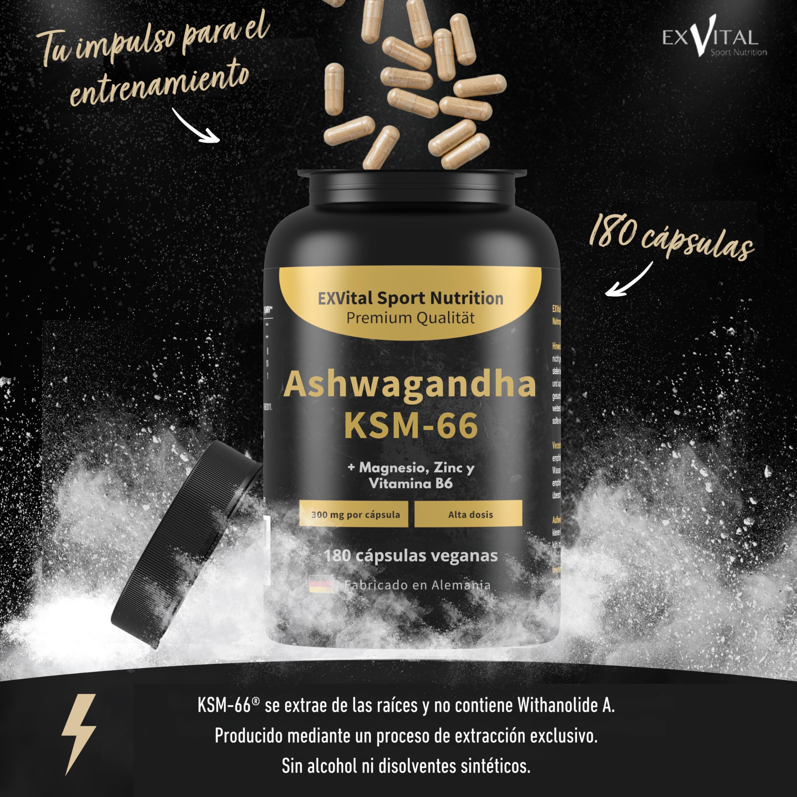 Ashwagandha KSM-66, Materia prima premium, 600 mg por día, 180 cápsulas (para 3 meses), probado en laboratorio, vegano, altamente dosificado y fabricado en Alemania