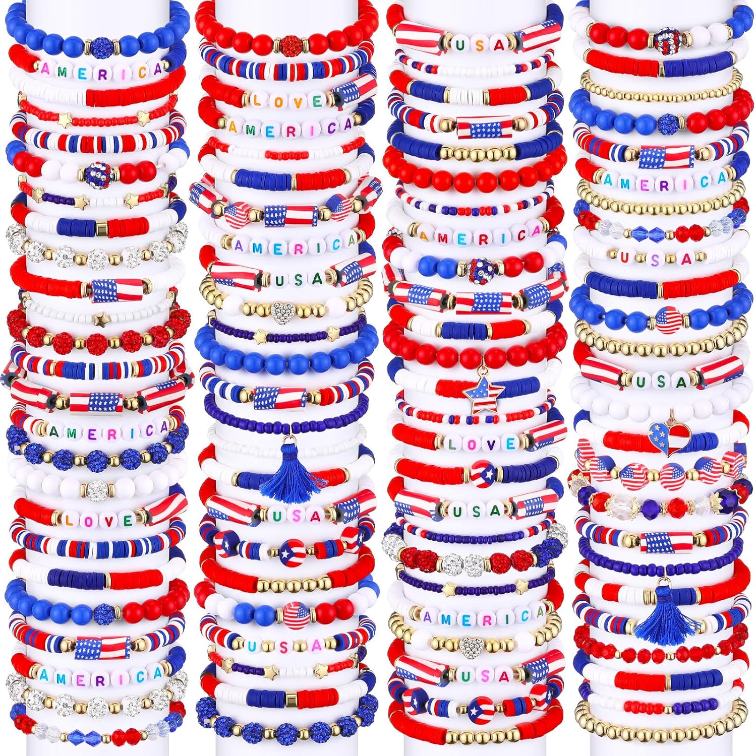 150 Pcs Independence Day Bead Stretch Bracelets, Stackable Patriotic Heishi Bracelets 4th of July Red White and Blue Bracelets for Women