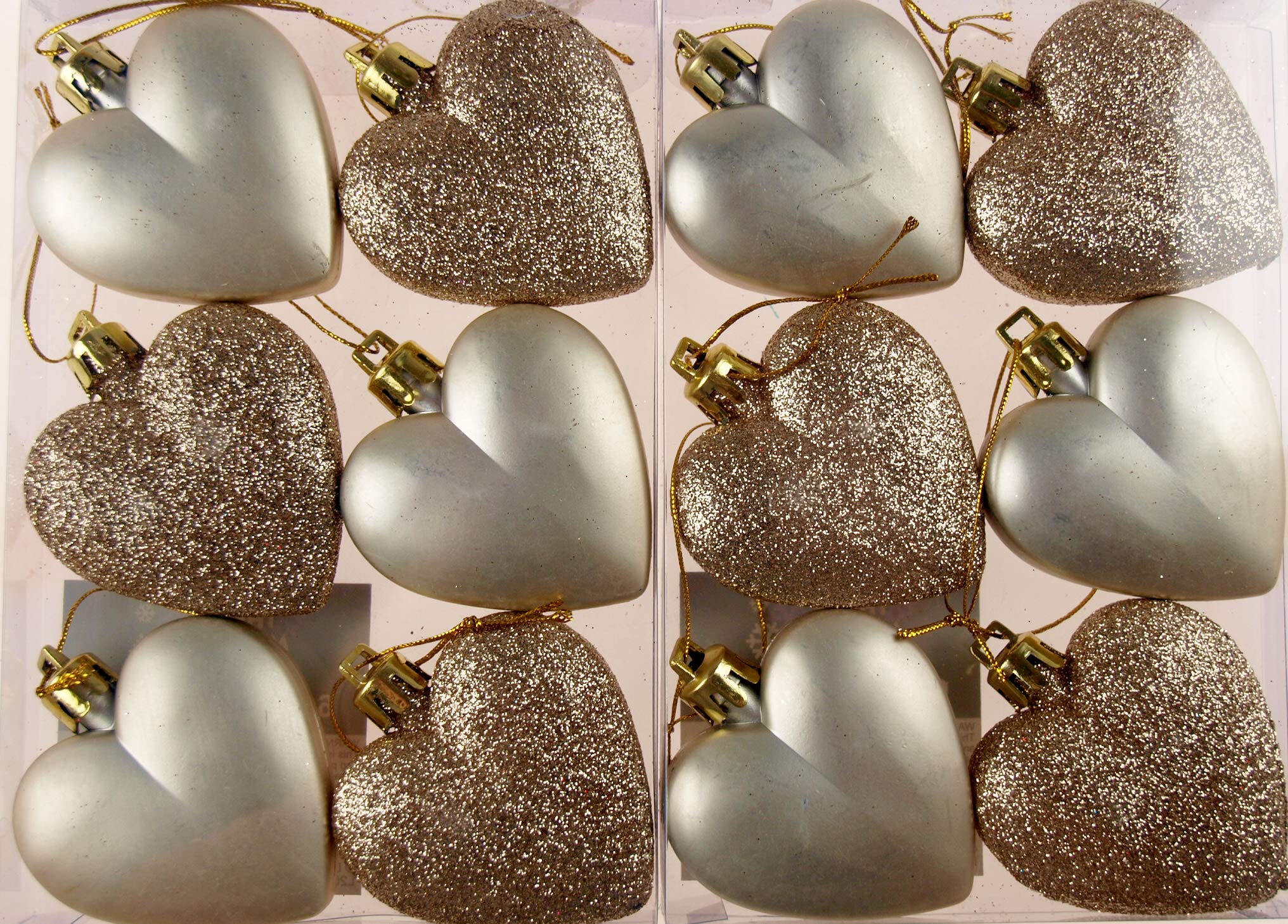 Theme Machine Set Of 12 Glitter Love Hearts Christmas Tree Baubles Decorations - Champagne