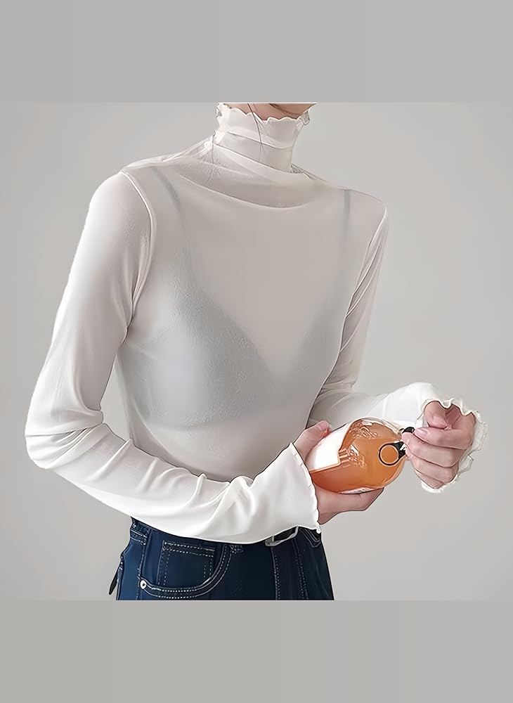 SamHeng Women Sheer Mesh Tops See-Through Long Sleeves Shirt