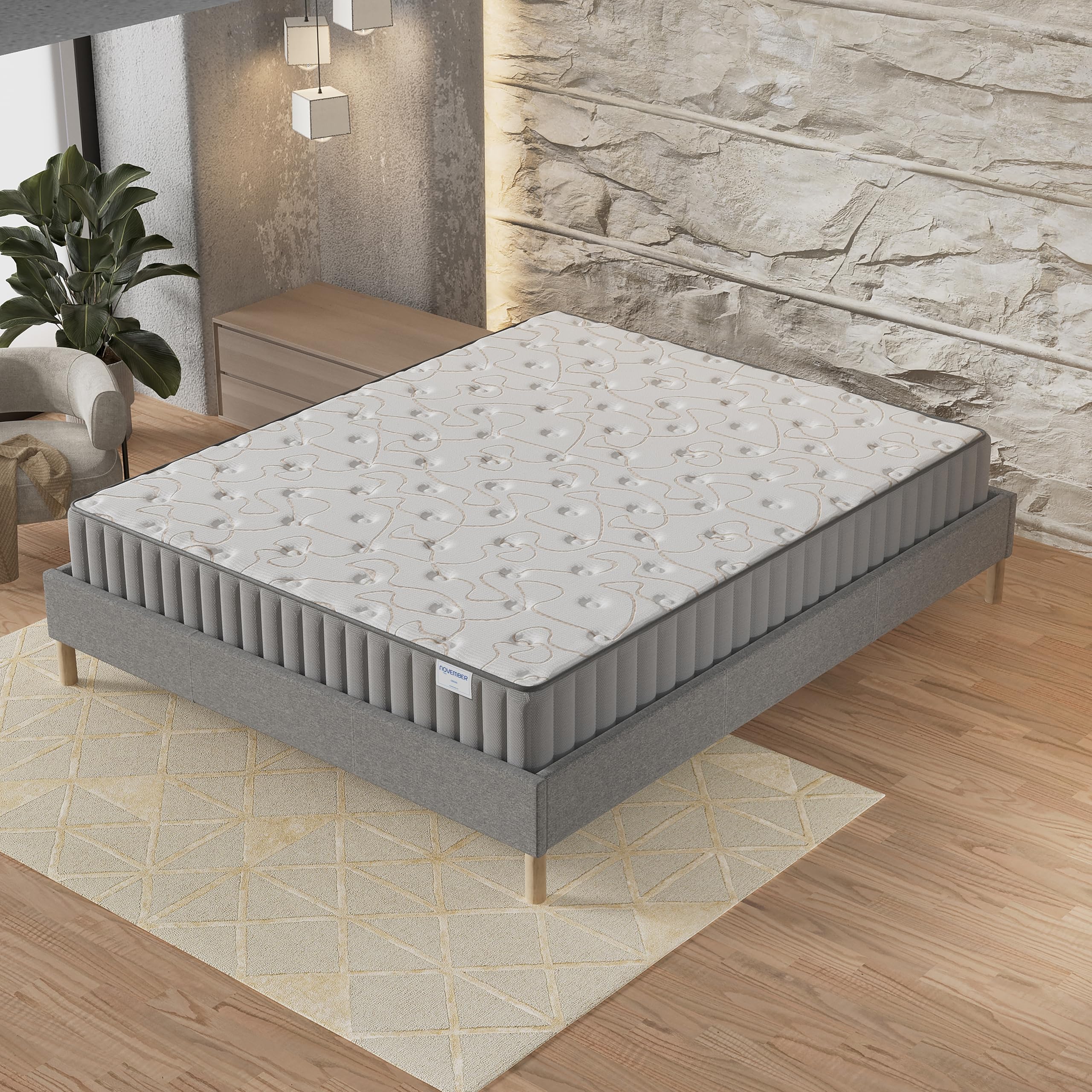 NOVEMBER- Ensemble Matelas + sommier (160 x 200cm)- Matelas Orionis Mousse Mémoire de Forme & Mousse Haute Densité d’épaisseur 22cm + Sommier Bois Stable & Robuste revêtement Tissu Gris