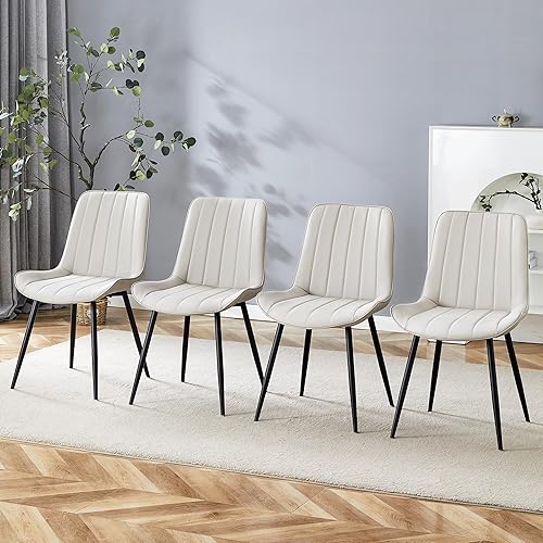 Juego de 4 sillas de comedor de piel sintética, modernas sillas de comedor con respaldo de asiento acolchado + patas de metal, sillas tapizadas para