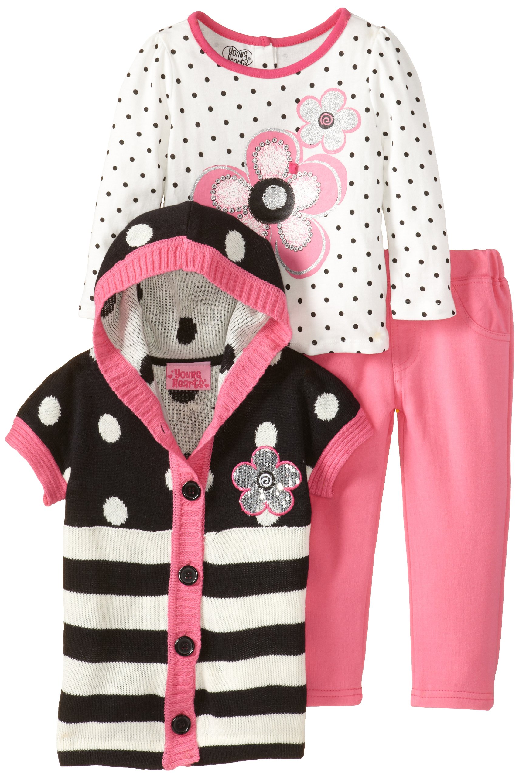 Little Girls' Striped Floral Sweater and Pant Three-Piece Set