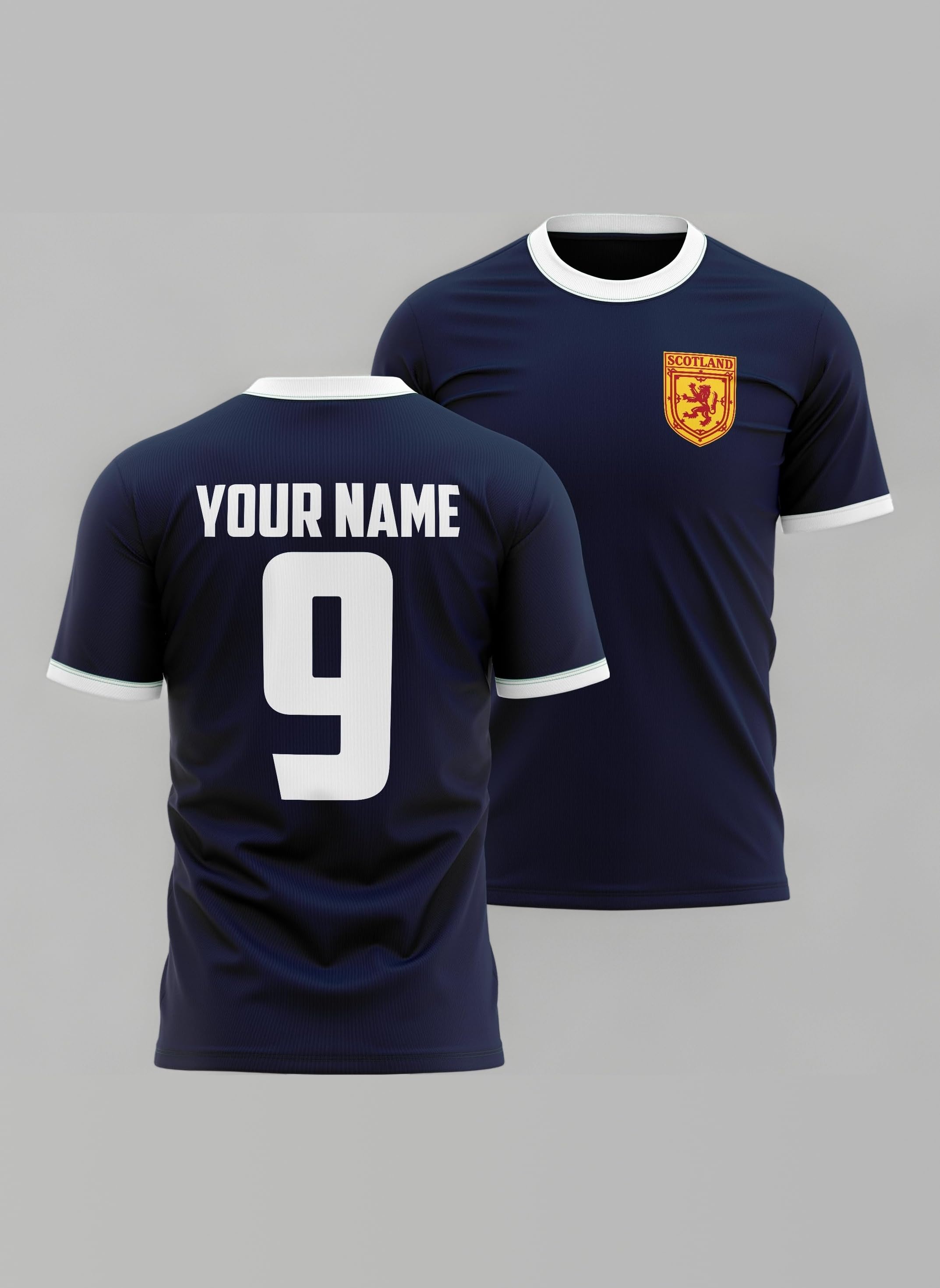 Personalised Scotland Badge Mens T Shirt Name and Number Scottish Coat of Arms Football Tee
