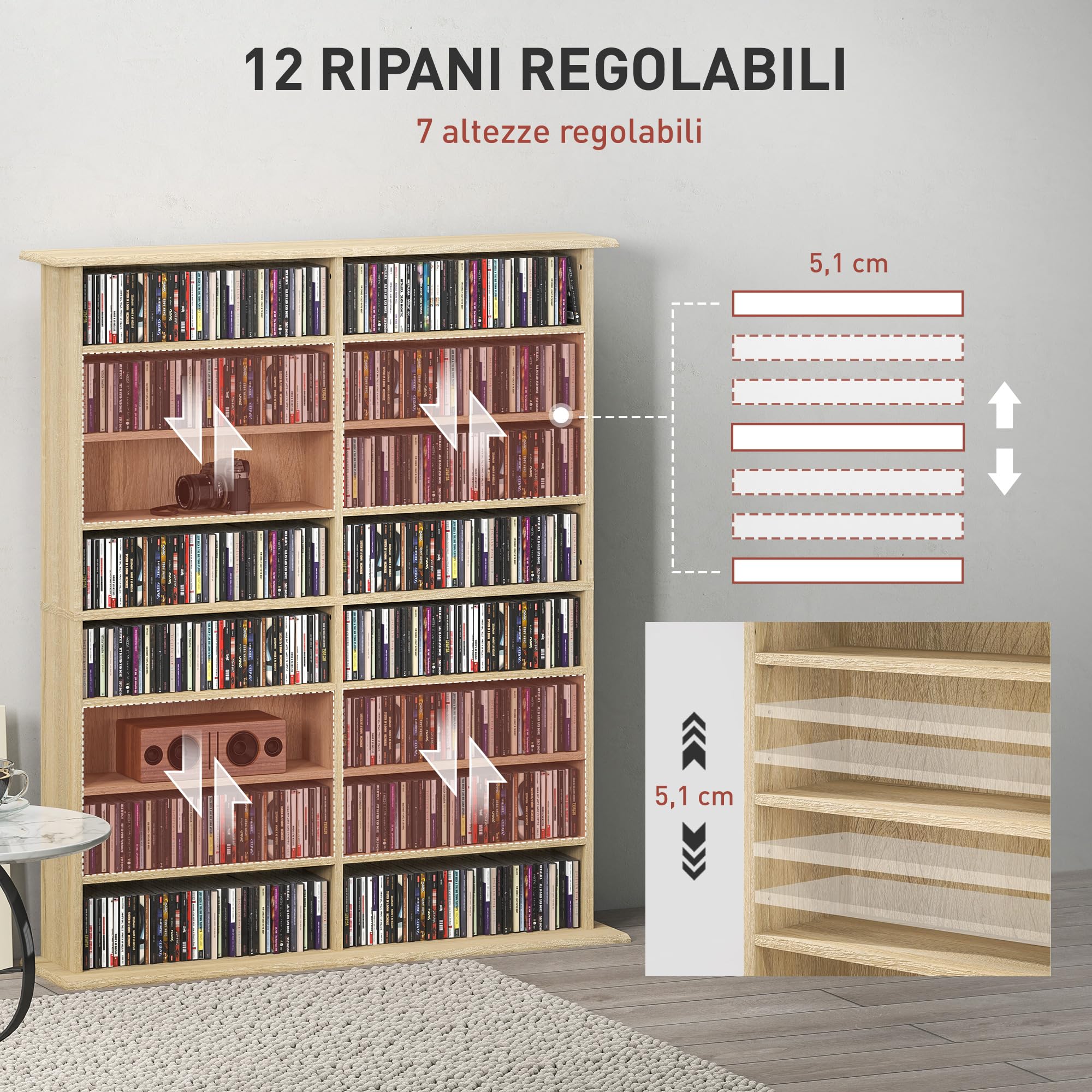 HOMCOM Mueble para CD con 12 estantes ajustables, estantería para 720 CD/396 DVD, ahorra espacio, de madera, mueble portacd con 16 compartimentos, para salón, dormitorio, oficina, 106,5 x 24 x 126,3
