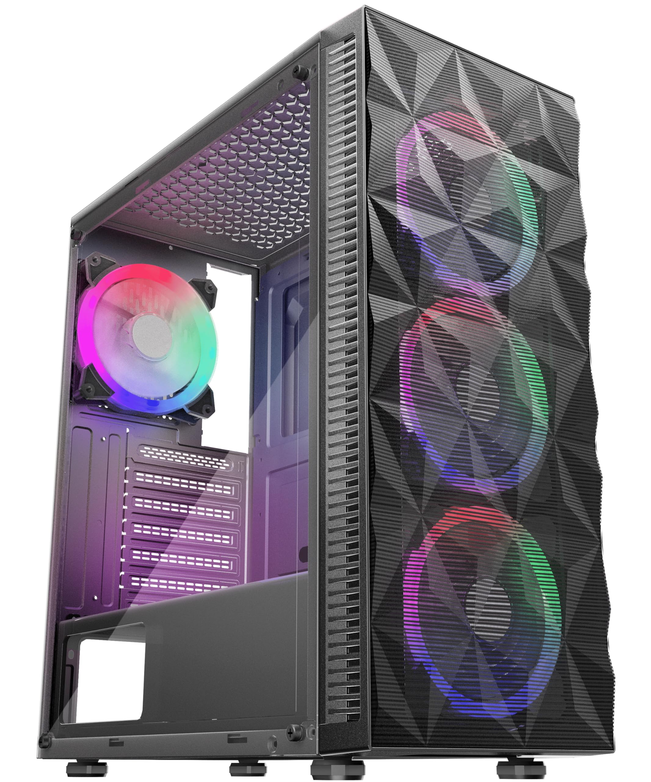 MOROVOL PC Case Pre-Install 4 RGB Fans, ATX Gaming Computer Case with Diamond-Shaped Mesh Front &amp; Tempered Glass Side Panel, USB 3.0 Airflow Mid Tower case,621-B