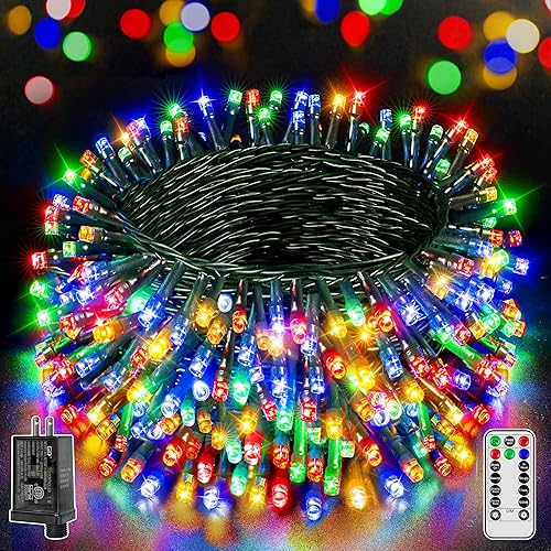 Miniatura 13 de 500 luces LED de Navidad de 164 pies, tira de luces impermeables para exteriores con control remoto y temporizador, luces de árbol de Navidad con 8
