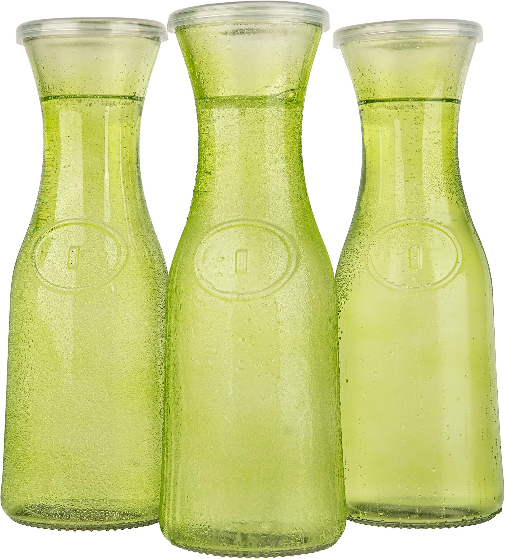 Kook Glass Carafe Pitchers, Beverage Dispensers, 35oz, Set of 3, Clear Jugs for Mimosas, Water, Wine, Milk and Juice, with Plastic Lids, (Lime Green)
