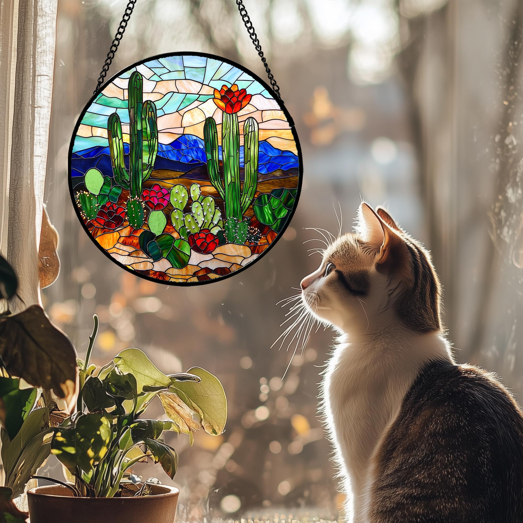 DASTOLL Stained Glass Window Hanging, Green Cactus Suncatcher for Doors Window Home Plant Landscape Sun Catchers Decoration Mother's Day Birthday Gifts for Women, Men, and Mom 7.8 in