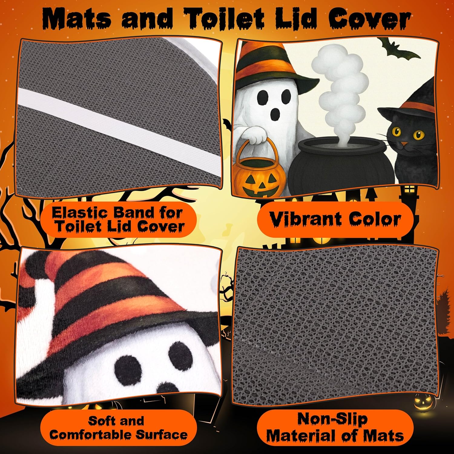 Tieshankao 4Pcs Halloween Bathroom Shower Curtain Decor Sets Ghost Cat Pumpkin Rug Bath Mat Toilet Lid Cover Spooky Decorations with 12 Hooks