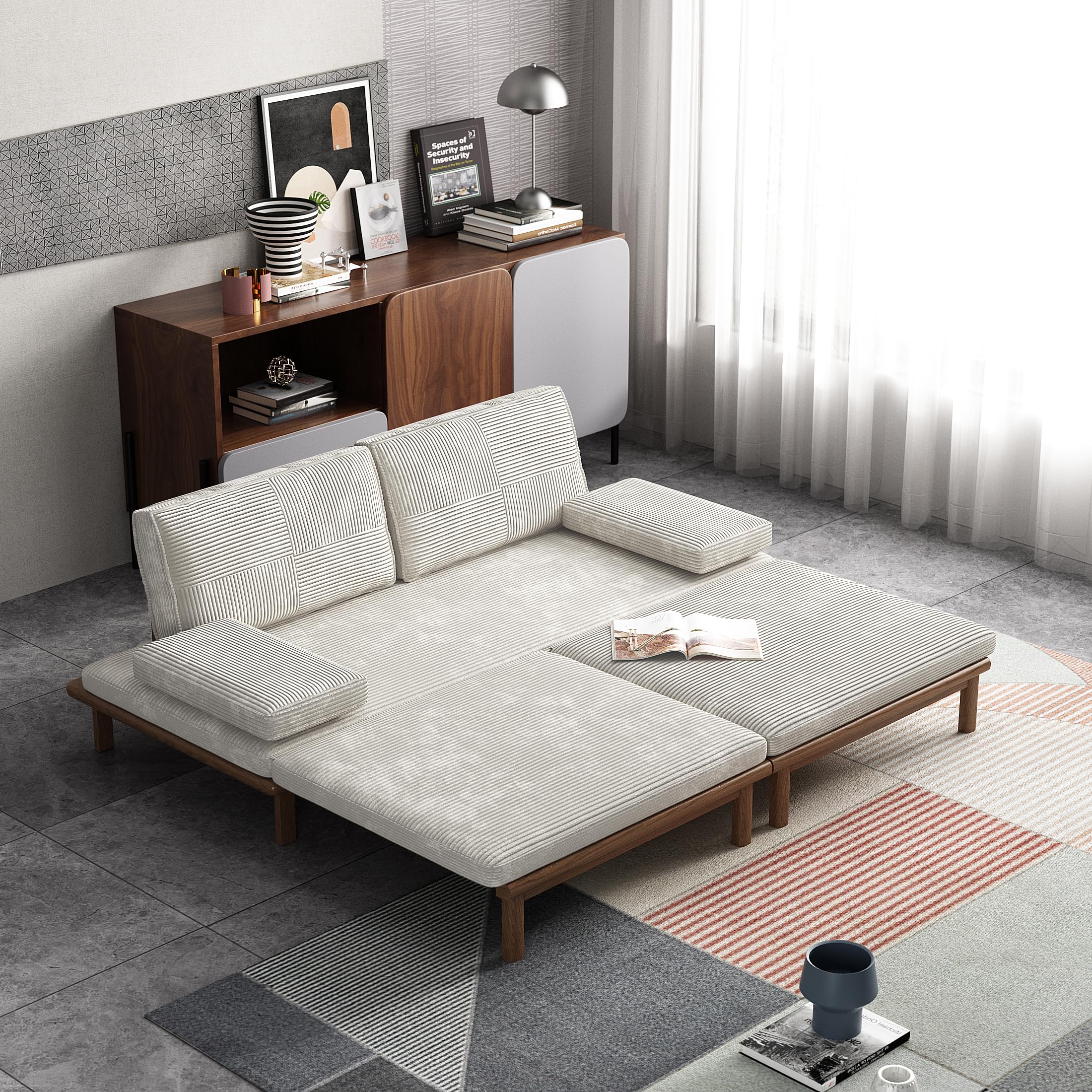 Lartis Sofá cama, sofá cama, sofá cama, sofá moderno, convertible en color caqui, futón moderno para sala de estar, apartamento, dormitorio, sofá de diseño modular, tela de pana