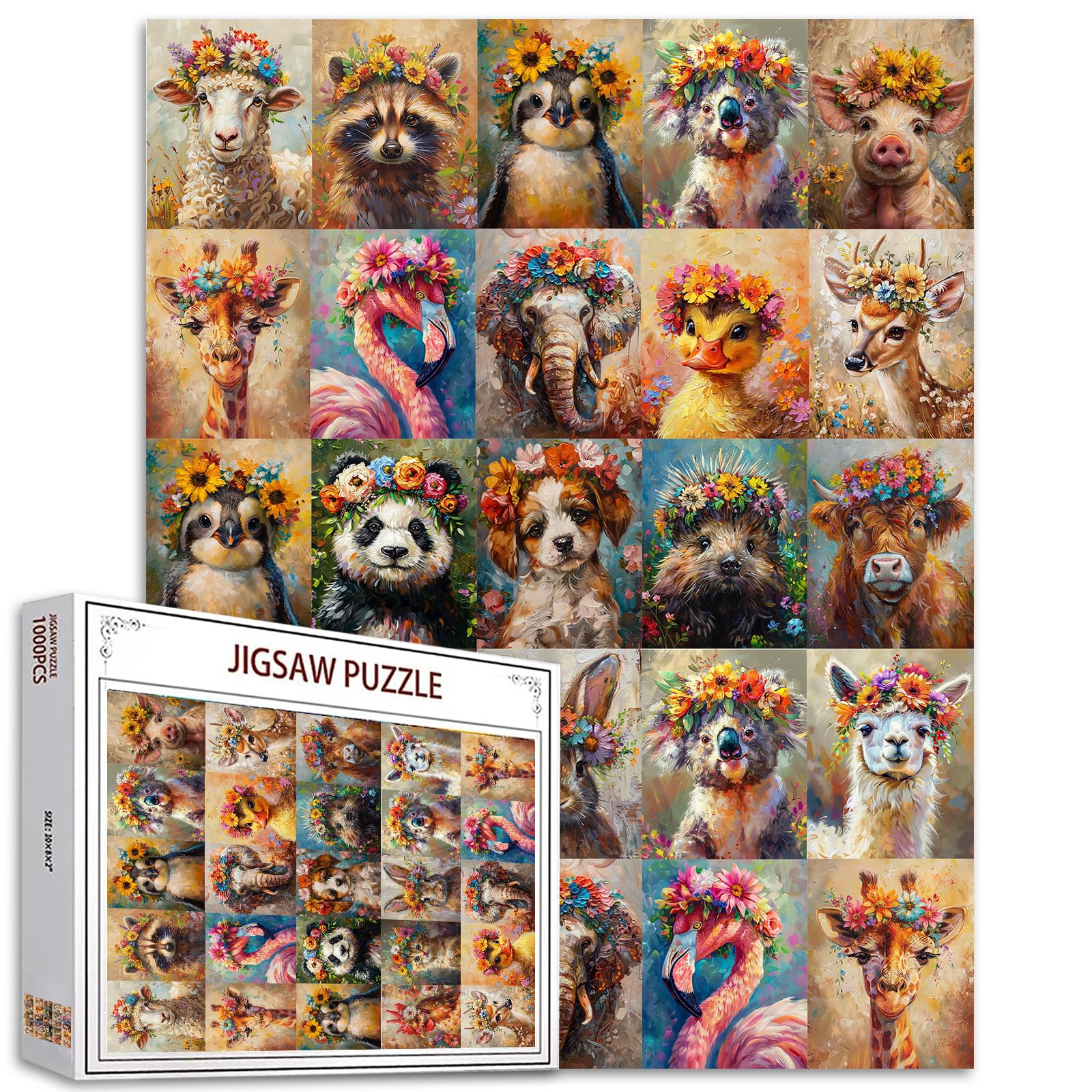Animals Puzzles for Adults 1000 Pieces Colorful Flower Crowns Cute Animal Puzzles Funny Animal Kingdom Jigsaw Puzzle 27 x 20 Inches DIY Puzzles Home Wall Decor Family Puzzle Perfect for Game Nights