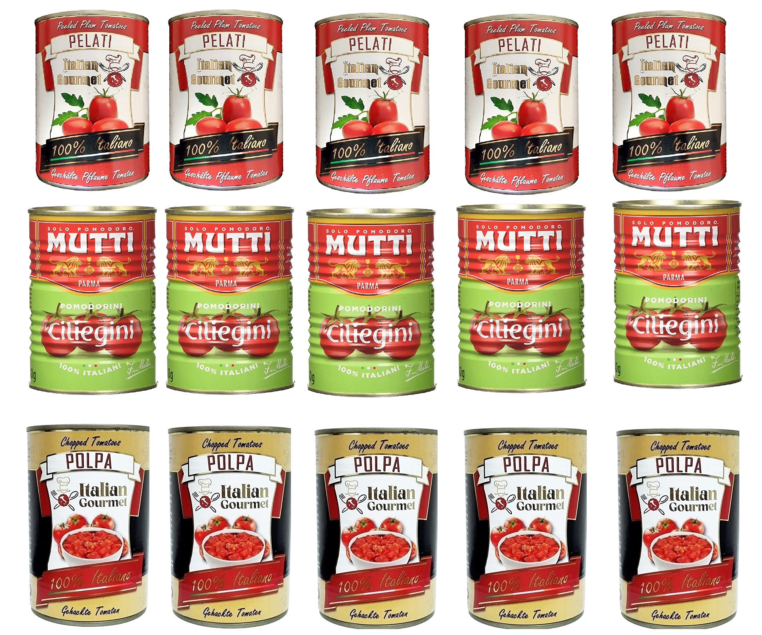 Paquete Italian Gourmet Mutti - Pomodorini Ciliegini / Tomates cherry (5 x 400 g) + Pomodori Pelati / Tomates peladores (5 x 400 g) + Polpa/carne de tomate (5 x 400 g)