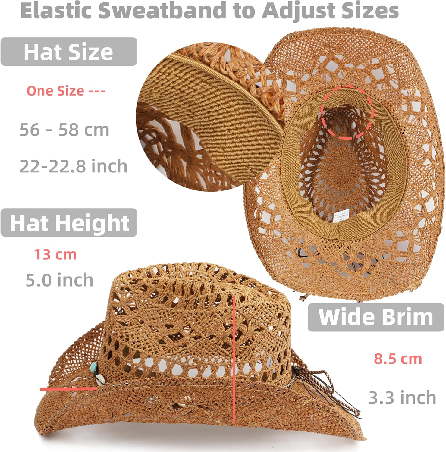 Straw Cowboy Hat for Women and Men with Shapeable Wide Brim Sun Beach Western Cowgirl Hat - Image 4