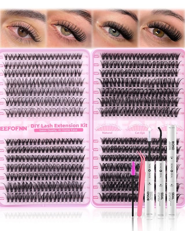 Kit de cílios em tufos Eefofnn 30D, 40D, 50D e 60D com 560 unidades, curvatura D, 10–16 mm, cola e pinça